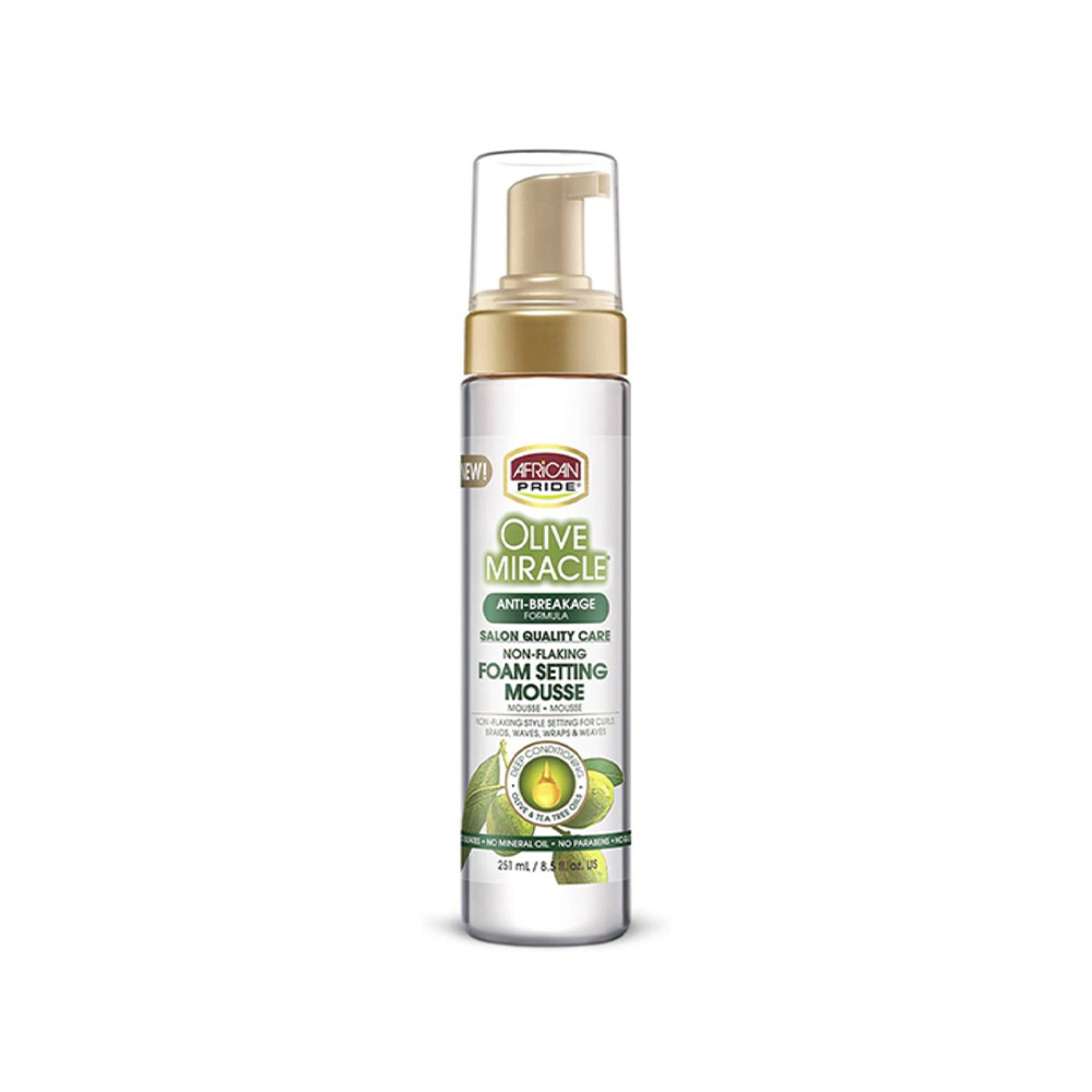 موس-ضد-موخوره-و-ضد-وز-زیتون-آفریکن-پراید-African-Pride-Olive-Miracle-Long-Lasting-Frizz-Shine-Control-Foam-Setting-Hair-Mousse موس حالت دهنده و ضد وز زیتون آفریکن پراید