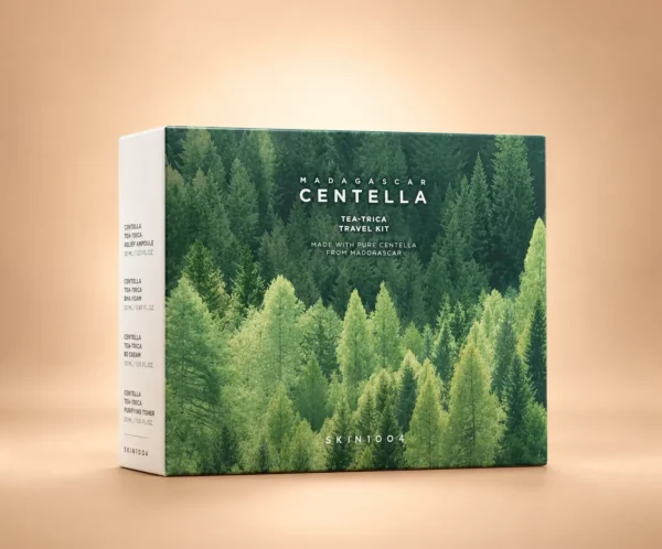 تصویر چهار محصول پک مسافرتی SKIN1004 Madagascar Centella Tea-Trica شامل آمپول، فوم شستشو، کرم B5 و تونر روی پس‌زمینه سفید