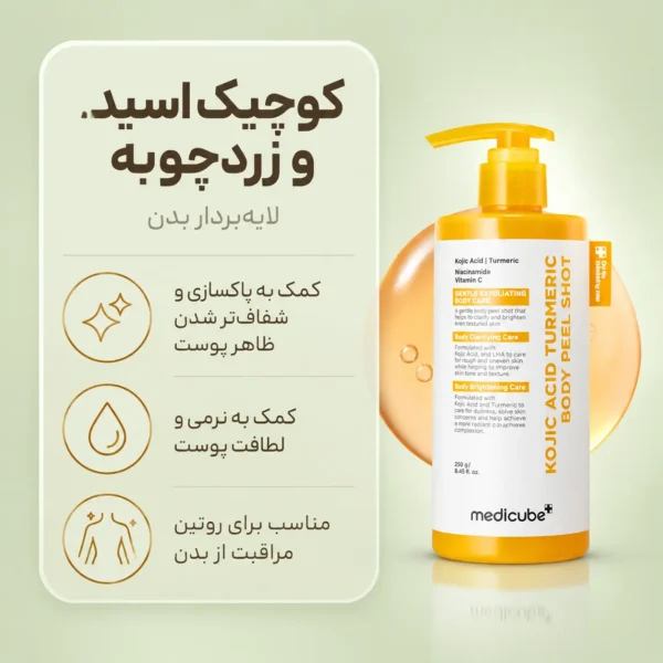 لایه بردار بدن کوجیک اسید و زردچوبه مدی کیوب با نمای نزدیک از بسته‌بندی پمپی و ترکیبات محصول