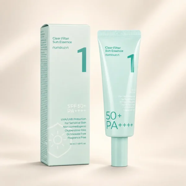 نمای نزدیک بسته‌بندی اسنس ضد آفتاب نامبوزین شماره 1 Clear Filter Sun Essence