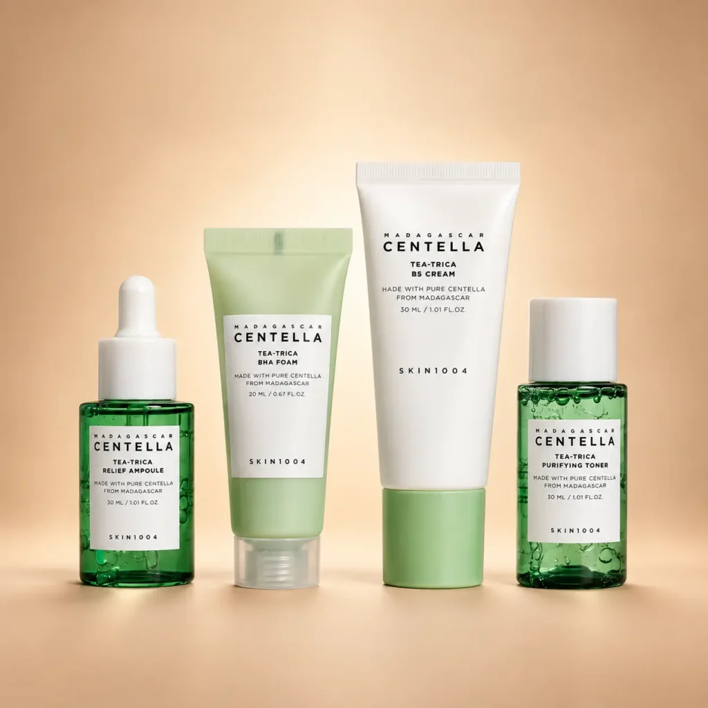چهار محصول پک SKIN1004 Madagascar Centella Tea-Trica شامل آمپول، فوم، کرم و تونر