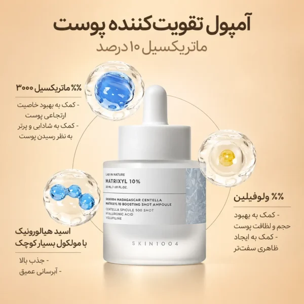 تصویر آمپول SKIN1004 Madagascar Centella Matrixyl 10 Boosting Shot Ampoule با بسته‌بندی سفید و قطره‌چکان