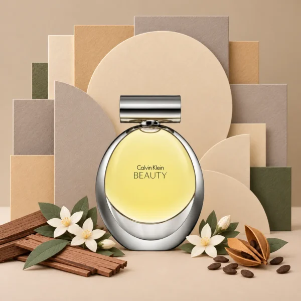 نمای روبه‌روی عطر زنانه کلوین کلاین بیوتی ادو پرفیوم با شیشه بیضی‌شکل و مایع طلایی