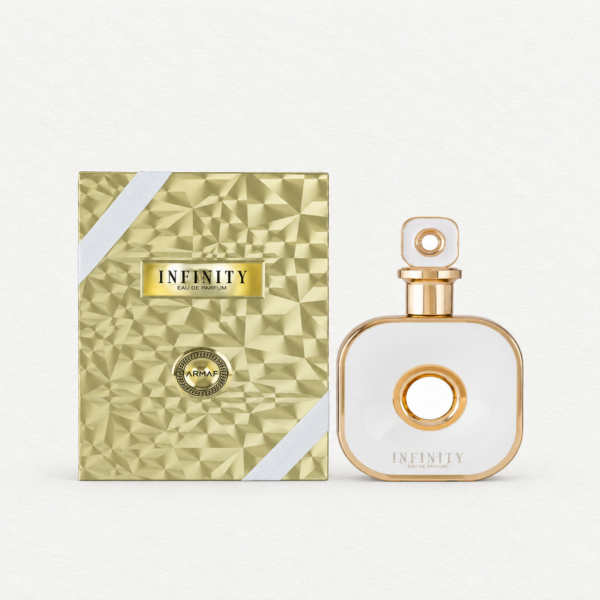 نمای روبه‌روی عطر Armaf Infinity Gold با بدنه سفید و جزئیات طلایی