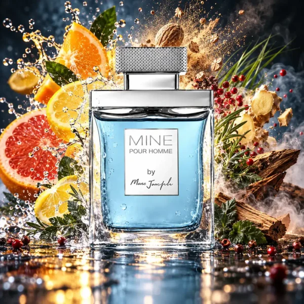 عطر ماین پور هوم مردانه با شیشه آبی و درپوش نقره‌ای روی پس‌زمینه روشن