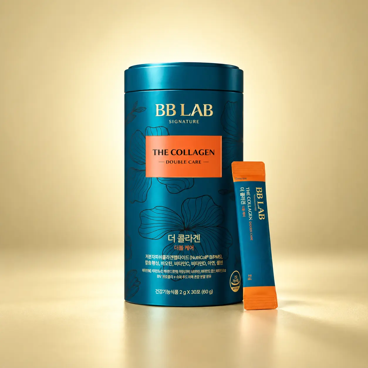 مکمل کلاژن دابل کر بی بی لب ۳۰ ساشه ۶۰ گرم مکمل کلاژن دابل کر بی بی لب مدل Signature The Collagen Double Care بسته ۳۰ ساشه با قوطی آبی و نارنجی