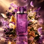 عطر لالیک آمیتیس با شیشه بنفش روی پس‌زمینه کرم روشن و نور ملایم