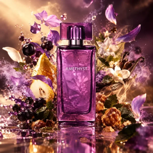 عطر لالیک آمیتیس با شیشه بنفش روی پس‌زمینه کرم روشن و نور ملایم
