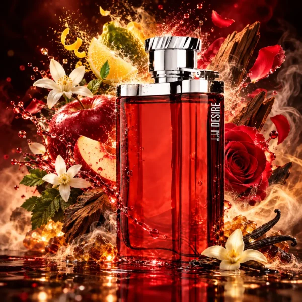 عطر دانهیل قرمز مردانه با بطری شیشه‌ای سرخ روی پس‌زمینه روشن