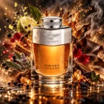 عطر بنتلی فور من اینتنس با بطری کهربایی و قسمت بالایی نقره‌ای روی پس‌زمینه روشن