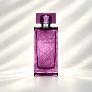 بطری بنفش عطر لالیک آمیتیس زنانه Lalique Amethyst با طرح شاخه‌های تمشک و نوشته سفید AMETHYST