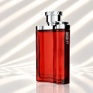 بطری قرمز عطر دانهیل دیزایر مردانه Dunhill Desire با درپوش فلزی نقره‌ای و نوشته عمودی Desire
